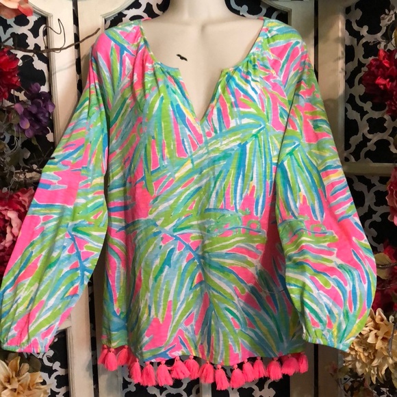 Lilly Pulitzer Tops - Lilly Pulitzer Neon tiki tassel top fringe boho